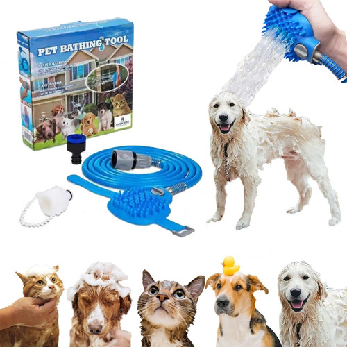 Cepillo De Baño Para Perro Con Manguera Masajeador Color Azul
