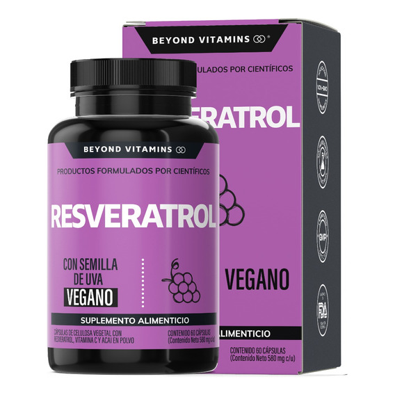 Resveratrol 100% Vegano | Suplemento Alimenticio Con Pimienta Negra Para Mejor Absorción, Vitamina C, Semilla De Uva Y Acai Beyond Vitamins | Sin Sabor - 60 cápsulas
