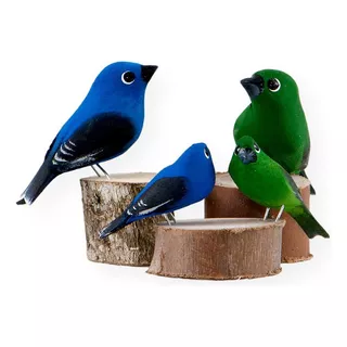 Escultura Em Madeira: Família De Pássaros Saíras (8c8) Cor Madeira