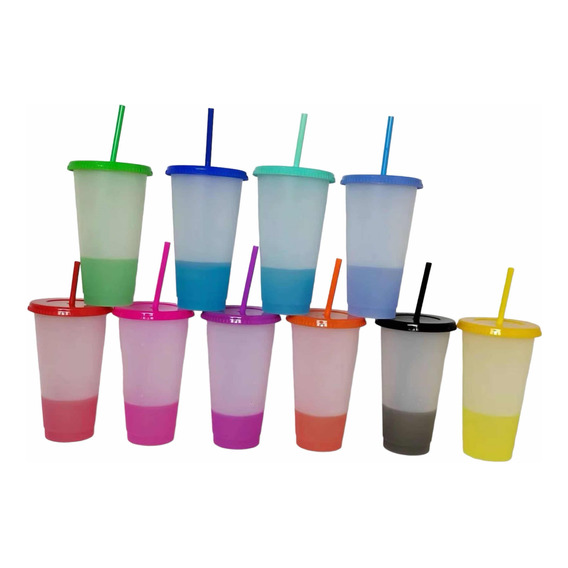 60 Vasos Magicos Cambian De Color Con Tapa Y Popote 700ml