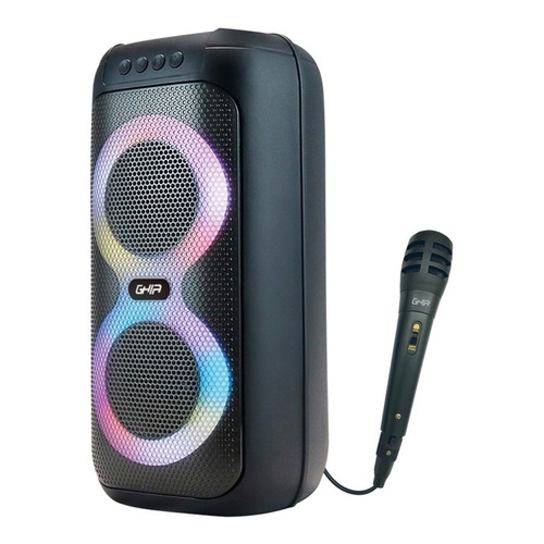 Bafle Ghia Amplificador Recargable Doble Bocina 4 Pulg BT USB TWS Mic FM Luz Secuencial