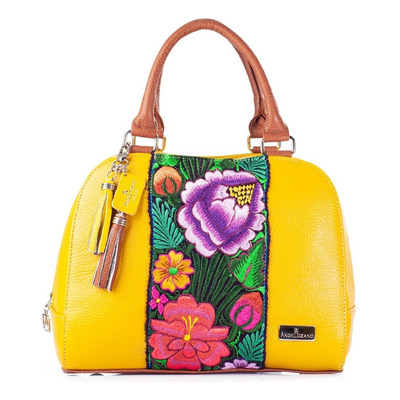 Bolso Elsa De Piel Con Telar Artesanal Zinacantán Bolsa Dama Color Amarillo Diseño De La Tela Floreado Zinacantán