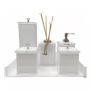Kits De Acessórios Para Banheiro Organiza Acrílic Quadritti Quadrado Branco Liso Com Prateado X 6