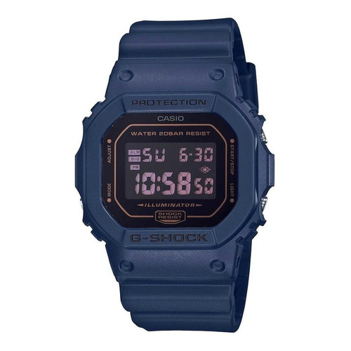 Reloj pulsera Casio G-Shock DW5600 de cuerpo color azul, digital, fondo negro, con correa de resina color azul, dial lila, minutero/segundero lila, bisel color azul, luz azul verde y hebilla simple