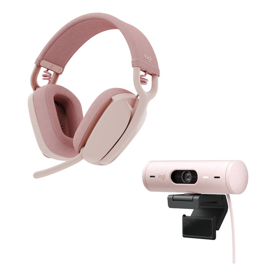 Logitech Combo Webcam Brio500 + Audífono Zone Vibe100 Rosado
