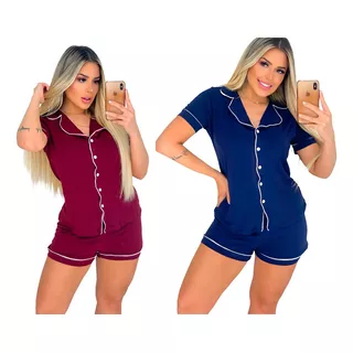 Kit 2 Pijamas Curto Americano Adulto Marsala E Azul Feminino