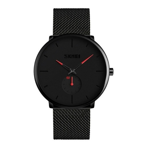 Reloj pulsera Skmei 9185 de cuerpo color negro, analógico, fondo negro, con correa de acero color negro, agujas color negro y rojo, dial negro, subesferas color negro, minutero/segundero negro y rojo,