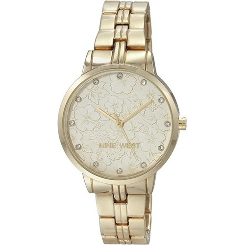 Nine West Women's Genuine Crystal Accented Floral Dial Brace