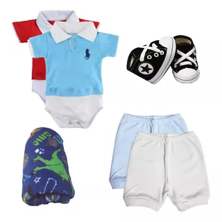 Kit 7 Peças Body Polo E Short Naninha Sapatinho Manta Menino