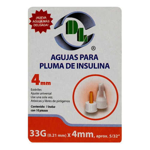 Agujas Para Pluma De Insulina Dl 33gx4mm 10 Pzas Capacidad en volumen 4 mm