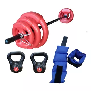 Barra + 17 Kg Discos + Par Tobilleras + Pesas Rusas Kit Set