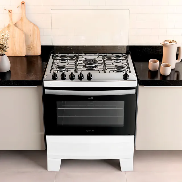 Fogão 5 Bocas Branco Com Mesa Inox Atlas Agile Up