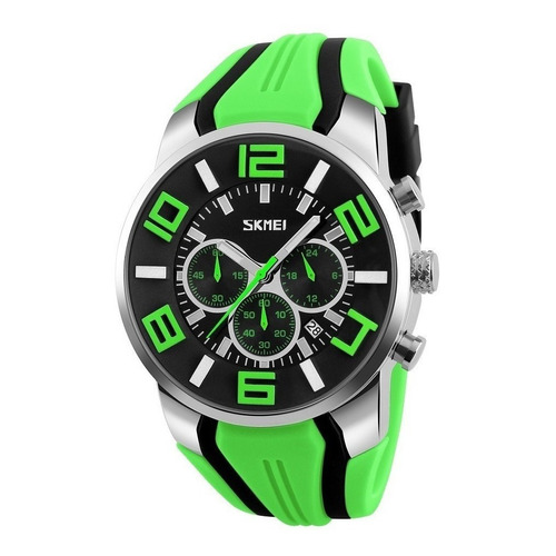 Reloj pulsera Skmei 9128 con correa de silicona color verde/negro - fondo negro - bisel plateado