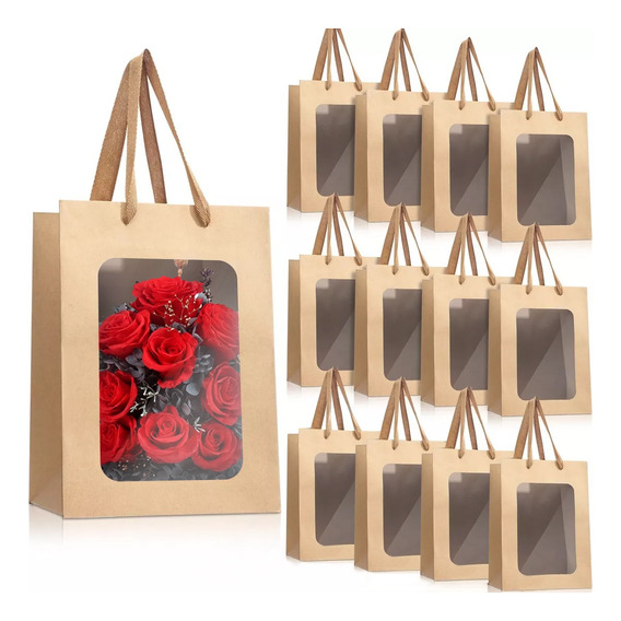 20 Bolsas De Regalo Papel Kraft Con Ventana Transparente