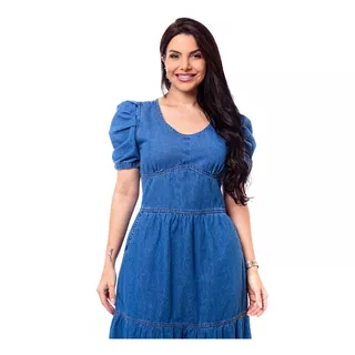 Vestido Jeans Midi Manga Bufante 36 Ao 50 Longo Premium 4057