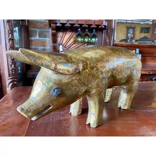 Escultura Cerdo Puerco Madera Y Oro De Hoja Estilo Antiguo