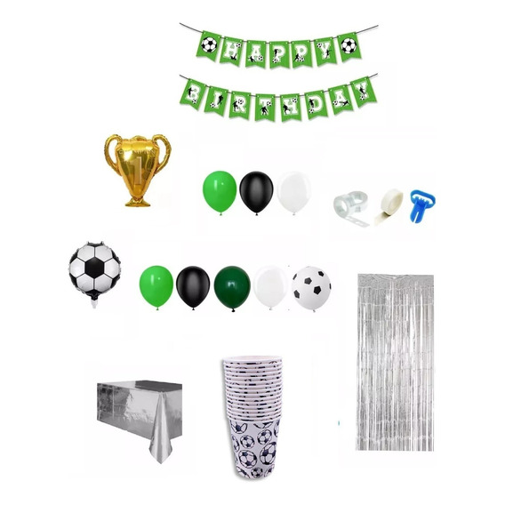 Pack Adornos Globos Cortina Mantel Para Cumpleaños Fútbol 