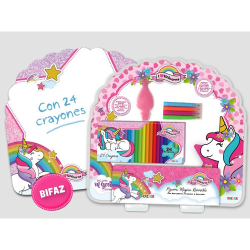 Pizarra Bifaz Kreker Unicorns , 24 Crayones + 4 Fibras + Bor