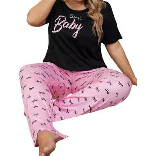 Conjunto Pijama Pantalón Negro Y Rosa Baby, Talla Extra 5xl