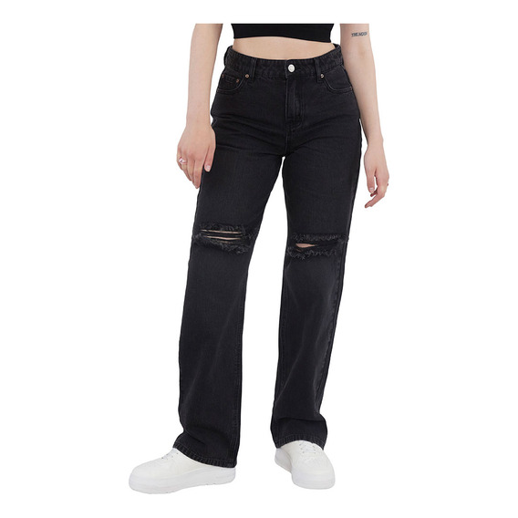 Jeans Mujer Noventero Roturas Negro Corona