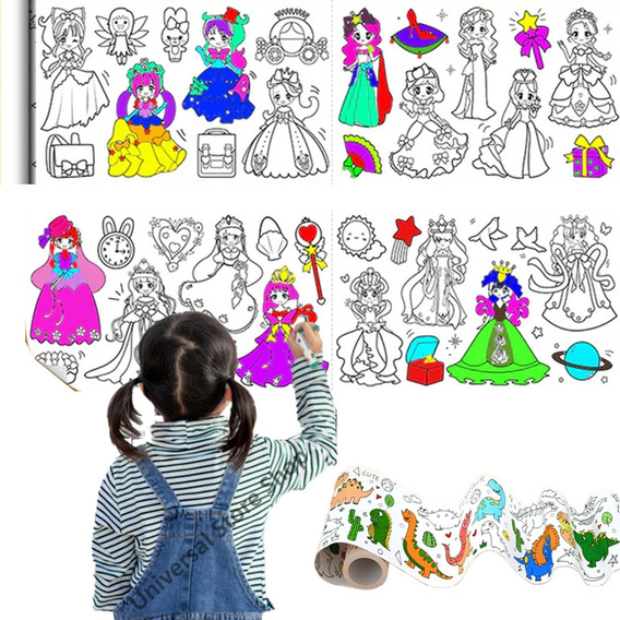 Princesas Rollo 3mt Papel Dibujar Colorear Adhesivo Sticker