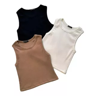 Kit 3pcs Regata Camiseta Basica Ribana Cropped Sem Manga Top