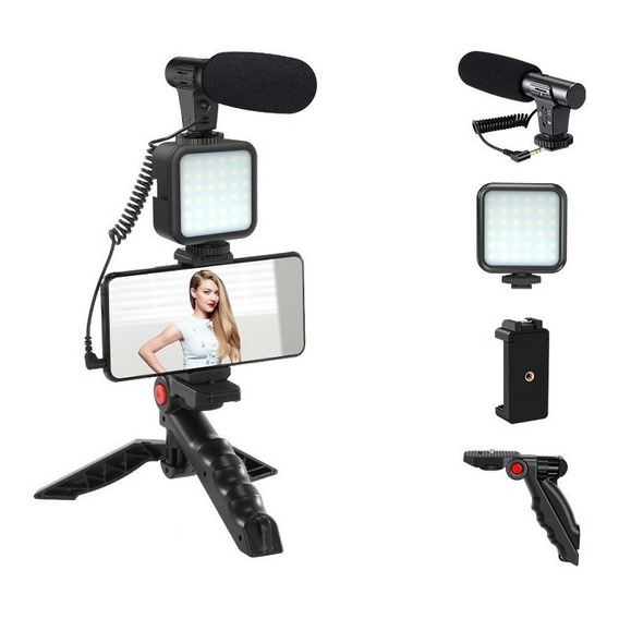 Kit Streaming Hügel Vl-mm2 Micrófono Luz Led Soporte Celular Color Negro