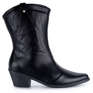 Bota Feminina Texana Bordada Salto Bloco Bico Fino Moda