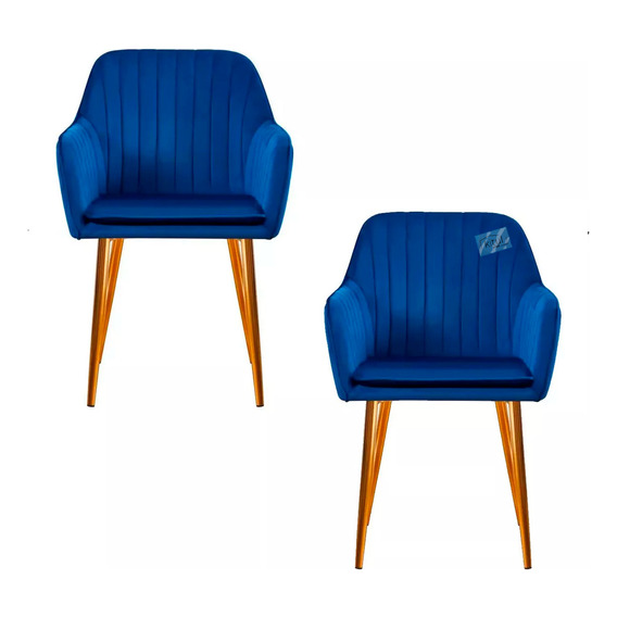 Set 2 Sillas Tapizadas Acolchadas Patas Doradas Terciopelo Color De La Estructura De La Silla Dorado Color Del Asiento Azul Diseño De La Tela Lineas Acolchadas