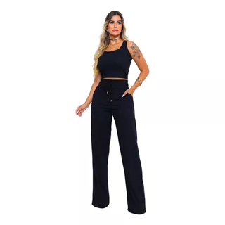 Conjunto Pantalona E Cropped Regata Wide Leg Canelado Oferta