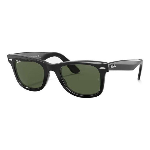 Gafas de sol Ray-Ban Wayfarer Original Classic Large con marco de acetato color polished black, lente green de cristal clásica, varilla polished black de acetato - RB2140