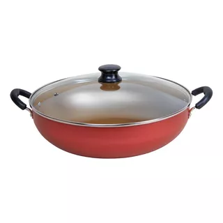 Panela Grande Wok Antiaderente Com Tampa 32cm 6 Litros Cor Creme/cereja