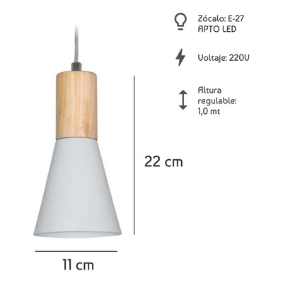 Colgante 1 Luz Elena Blanco Con Madera Apto E27 Diseño Mks