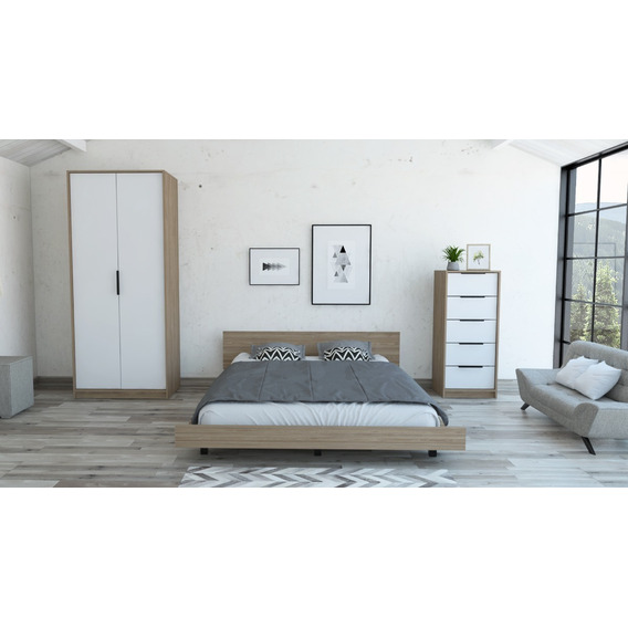  Cama 2 Plazas + Closet 2p + Comoda 5c - Miel / Blanco 