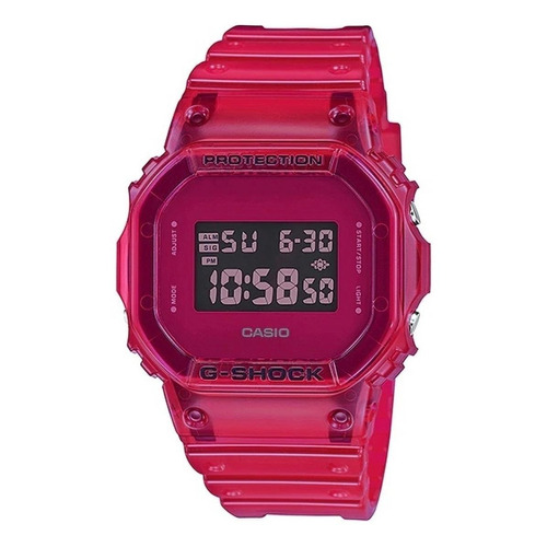 Reloj de pulsera Casio G-Shock DW5600 de cuerpo color rosa, digital, fondo rosa, con correa de resina color rosa, dial rosa, minutero/segundero rosa, bisel color rosa, luz azul verde y hebilla simple
