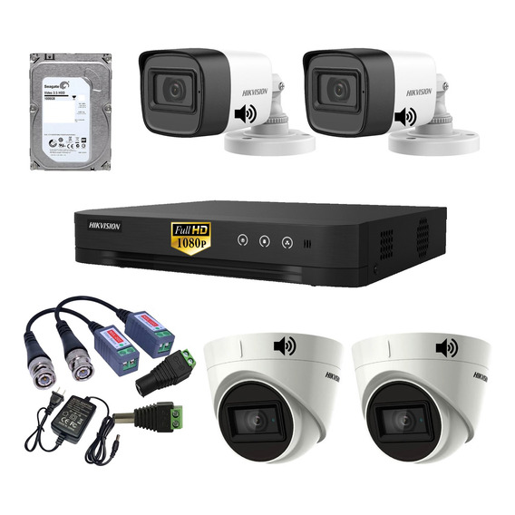 Kit Completo 4 Camaras Con Audio 1080p Hikvision 1tb Seagate