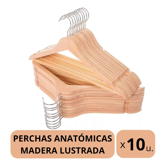Percha Anatómica Madera Lustrada Para Ropa Pack X10