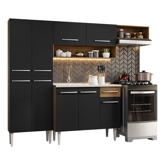 Mueble de Cocina Compacto Madesa Emilly con Tarja de Inox de 229cm Color Rústico/Negro