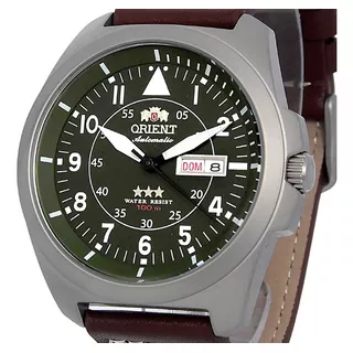 Relógio Orient Masculino Automático Prateado Verde Militar Cor Do Fundo Marrom