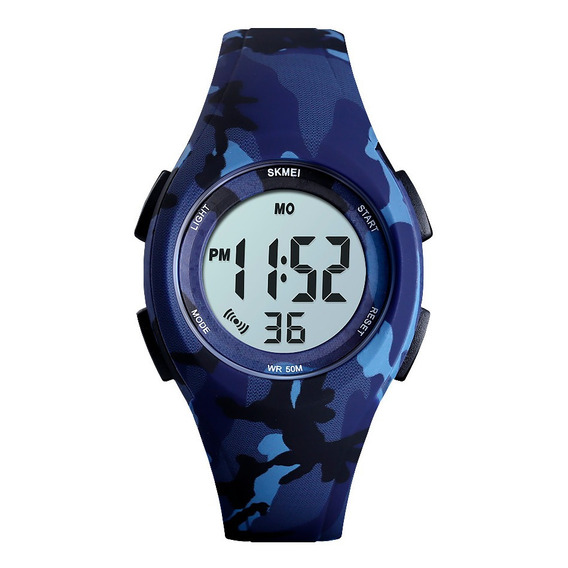 Reloj Niños Niñas Skmei 1459 Digital Alarma Cronometro Color De La Malla Azul Camuflaje Color Del Fondo Blanco