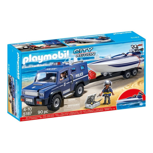Juego Playmobil City Action 5187 Coche De Policía Con Lancha 90 Piezas 3+