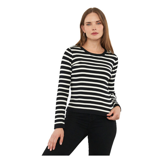 Sweater Mujer Rib R-neck Negro Lineas Crudas Corona