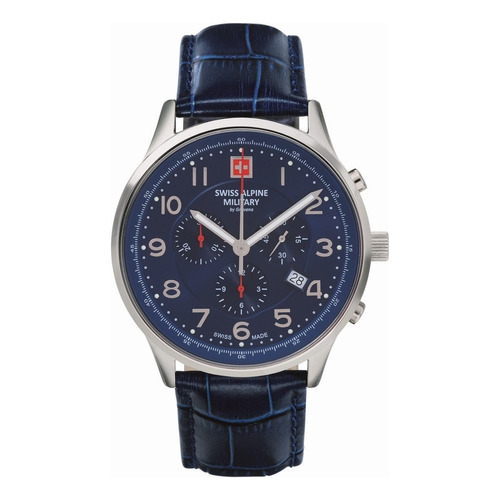 Reloj Swiss Alpine Military Skymaster Chrono 7084.9535sam Malla Azul Bisel Plateado Fondo Azul