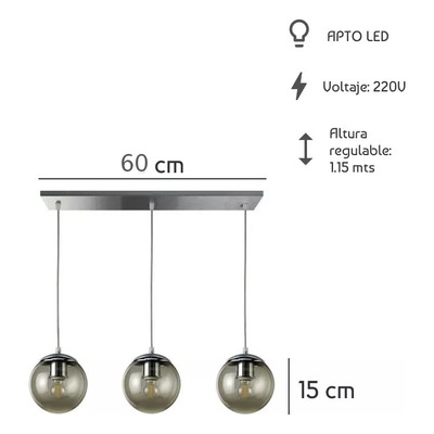 Colgante 3 Luces Globo 15cm Vidrio Fumé Deco Apto Led E27