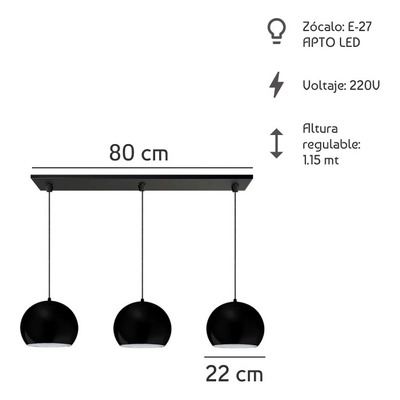 Lampara Colgante 3 Luces Bocha 22cm Negra Led Luz Desing