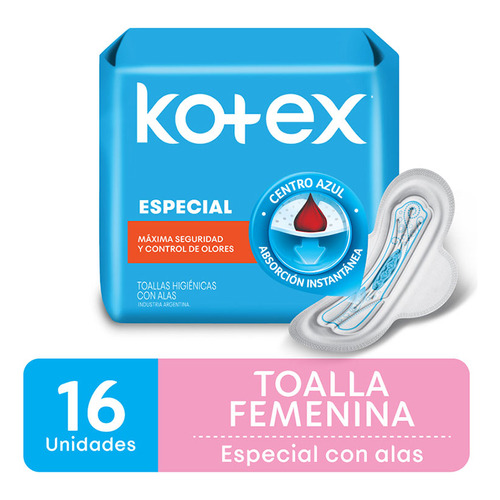 Kotex Especial Centro Azul 16 Toallitas Higiénicas Max Segur