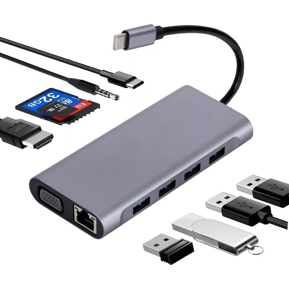 11 En 1 Hub Usb Sd Pd Tipo C Hdmi 4k Vga Rj45 Para Mac iPad