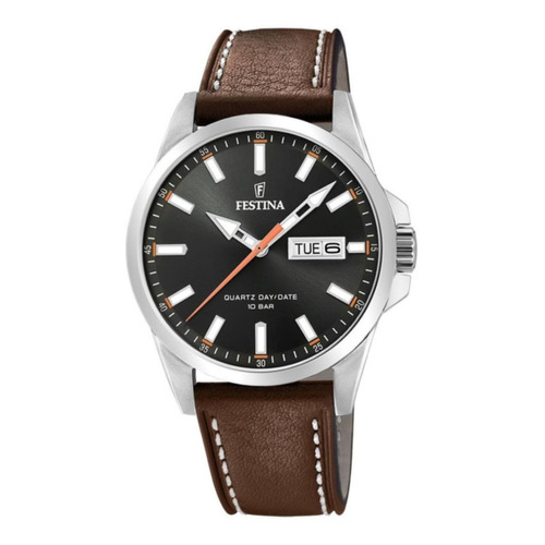 Reloj de pulsera Festina Classics F20358 de cuerpo color plata, analógico, para hombre, fondo negro, con correa de cuero color marrón, agujas color gris, blanco y naranja, dial blanco y gris y naranja, minutero/segundero blanco, bisel color plata y hebilla simple