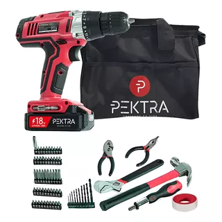 Taladro Inalambrico Pektra 18v + Bolso + 68 Accesorios Color Rojo Frecuencia 60 Mhz