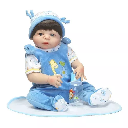 Boneco Bebê Reborn Menino Em Silicone Moreno Olho Azul 55 Cm no